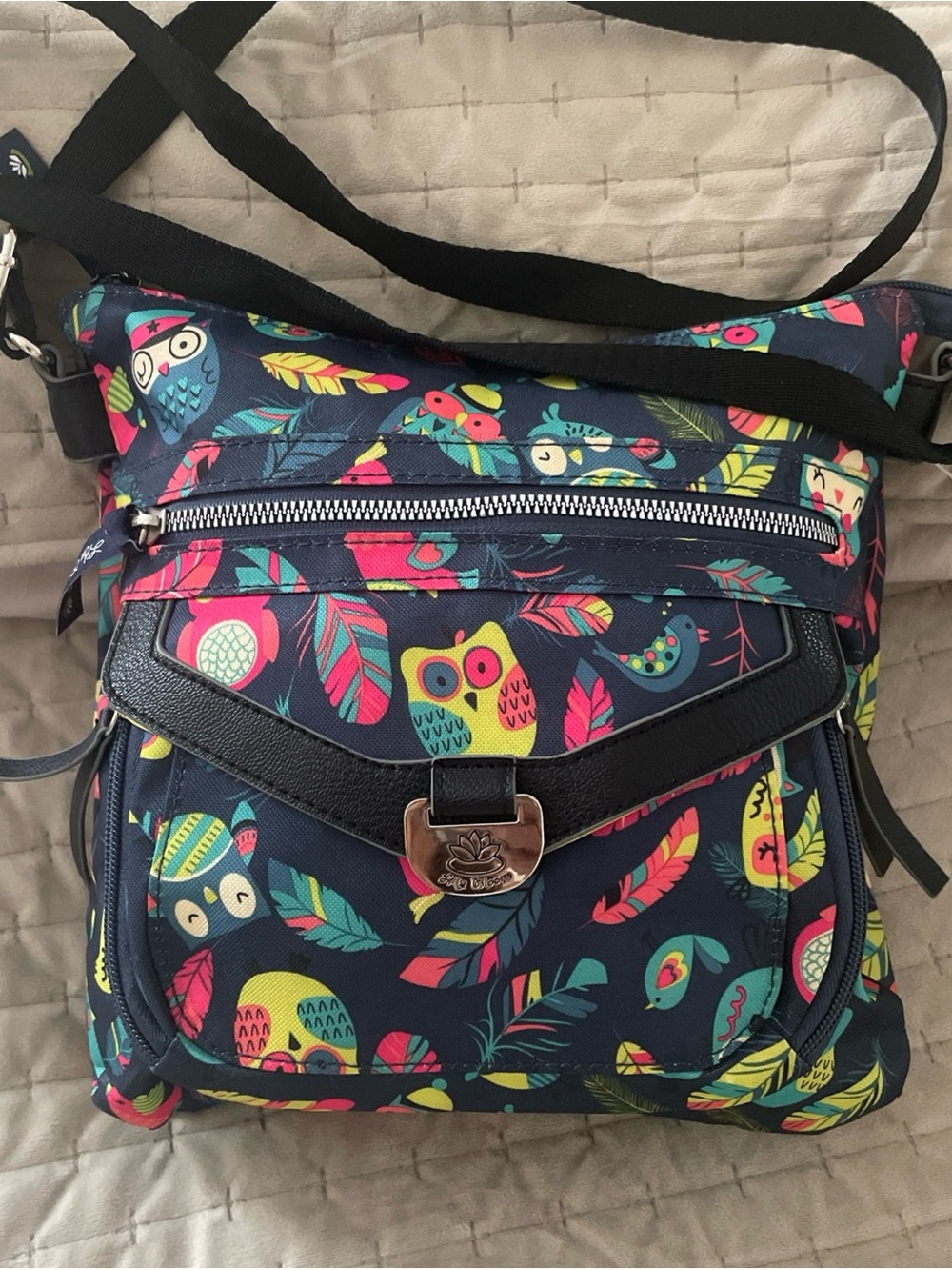 Lily Bloom Navy Crossbody with Multicolor Owl & Feather Print